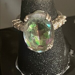 Silver and Green Intricate Ring with Iridescent Gemstone